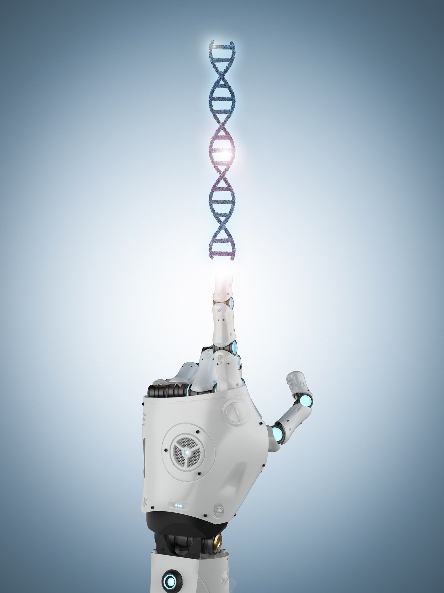 Roboterhand zeigt zu einer DNA-Helix